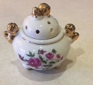 Vintage Ceramic Floral Potpourri Incense Burner Jar - Gold Trim Japan