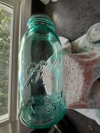Vintage Ball Perfect Mason Half Gallon Green Canning Jar With Zinc Lid Roman I