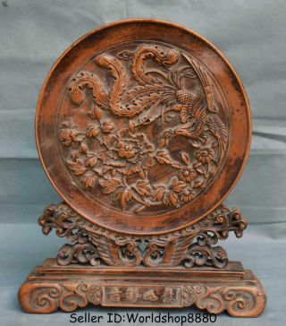 14 " Old Chinese Dynasty Huanghuali Wood Carving Phoenix Birds Flower Luck Screen