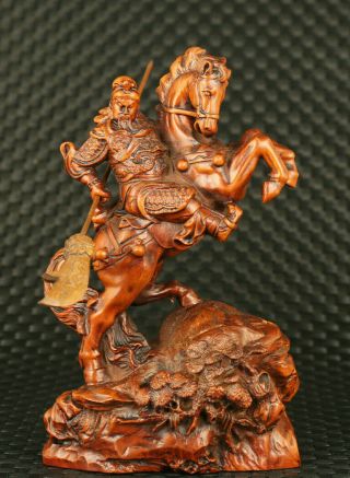 Chinese Boxwood Hand Carved Guangong Guan Gong Yu Warrior God Horse Statue