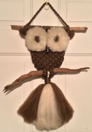 Vintage 1970’s Macrame Owl Art Wall Hanging Halloween Decoration Handmade 24”