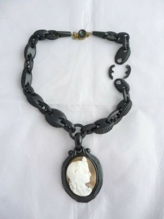 Antique Victorian Real Whitby Jet & Shell Cameo Pendant Necklace Spares Repairs