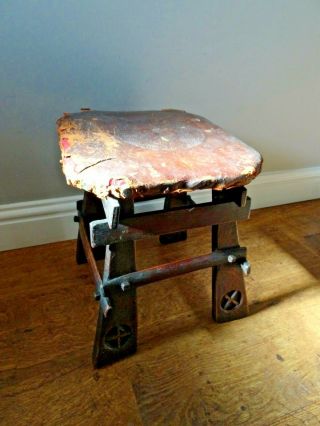 Antique 19th Century Arts And Crafts Period Leather Seated Stool (four Legged)