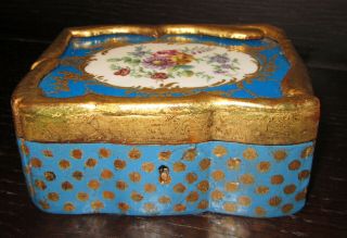 Antique 19th Century French Sevres Style Bleu Celeste Porcelain & Wooden Box