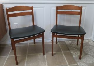 Vintage Pair Danish Mid Century Modern Dining Table Side Chairs Teak Leather