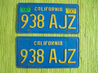 71 72 California License Plate Pair Ca Blue Tag W/ 1971 1972 Reg Plates 938 Ajz