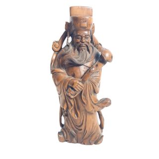 Vtg.  Large Chinese Carved Boxwood Scholar Figure Holding Ruyi Statue