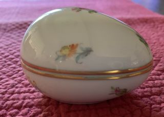 Herend Hungary Vtg Porcelain Egg Trinket Bonbon Box Painted Flowers Gold Trim