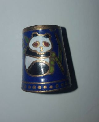 Near Vintage Brass Cloisonne Thimble Multicolored Panda Bears In Bamboo Ex Cond.
