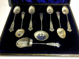 Antique Cased Set Of 6 X Solid Silver Teaspoons/caddy/sifter Spoons,  Birm.  1876