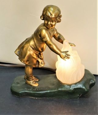 Antique Art Nouveau Spelter Bronze Young Girl Figural Lamp A J Scotte C.  1920