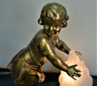 Antique Art Nouveau Spelter Bronze Young Girl Figural Lamp A J Scotte C.  1920 2