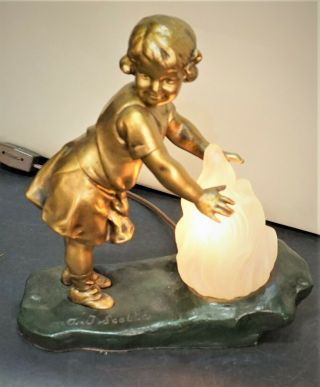 Antique Art Nouveau Spelter Bronze Young Girl Figural Lamp A J Scotte C.  1920 3