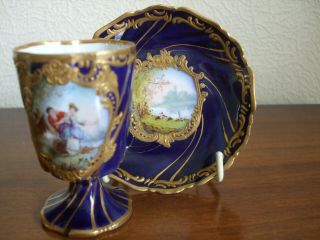 Antique Sevres (?) Hand Painted & Heavily Gilded Small Cup & Saucer - Perfect