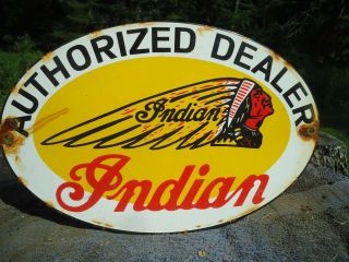 Old Vintage Oval Indian Motorcycle Porcelain Sign " Authorized Dealer " Chief