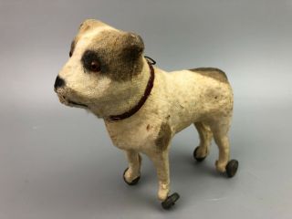 Small Antique Felt Over Paper Mache Dog On Metal Wheels Pull Toy Germany