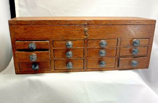 Antique Oak 12 Drawer Watchmaker Cabinet Box With Lift Top Storage