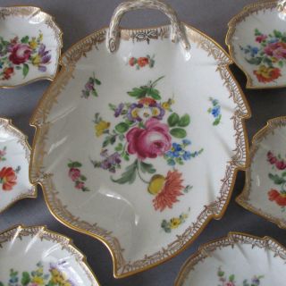 7 - Pc Set Antique Dresden Hp Porcelain Nut Dishes Colorful Flowers Carl Thieme