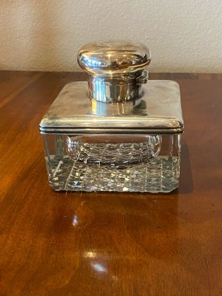 Antique Estate English Sterling Silver & Crystal Inkwell With Monogram