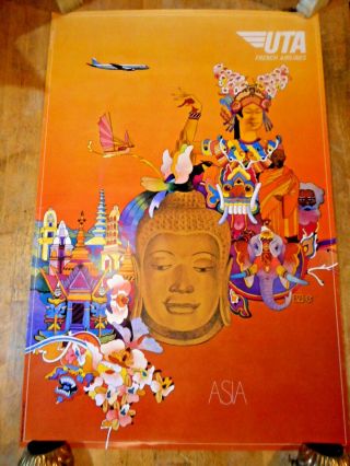 C 1970 Uta Airlines Asia Travel Poster Bbnc Artist Illustrated French