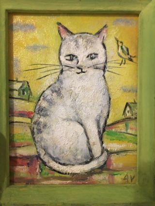 Vintage Signed ? Cat & Bird Portrait Retro 1970s Oil On Board Painting