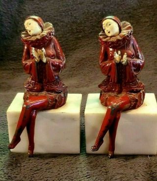 Red Antique Jb Hirsch Art Deco Pierrot Harlequin Marble Base Bookends