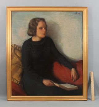 Large C1930s Antique Harold Cheney American Portrait Oil Painting,  Woman & Book