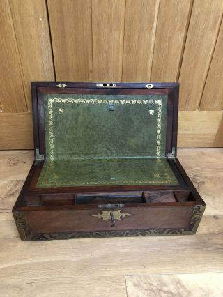 A Large Antique Mahogany Brass Bound English Writing Slope Leather Inlay & Key