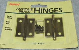 2 Vintage Antique Brass Hinges,  Package,  Brainerd Mfg Co,  1 1/2 X 1 1/4 In