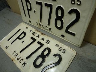 TEXAS Truck License Plate Pair 1965 Vintage 65 Black on White Front Rear IP - 7782 3