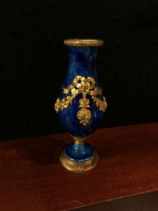 Antique Cobalt Blue Porcelain And Bronze Flower Vase - 764