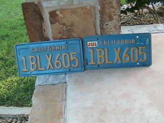 Vintage 2 Matching California Auto License Plates Tags 1blx605 Blue & Yellow