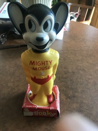 Rare Vintage Mighty Mouse Soaky Bottle Complete With Cardboard Base 1960’s