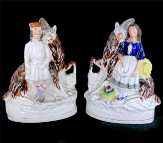 N747 Pair Antique Staffordshire Pottery Figures Figurines With Goats J