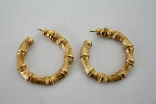 Vintage Signed Napier Gold Tone Bamboo Design Hoop Earrings