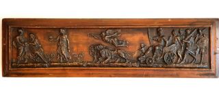 Very Rare 19th Century Large Wooden Panel With Carved Plaster Roman Scene