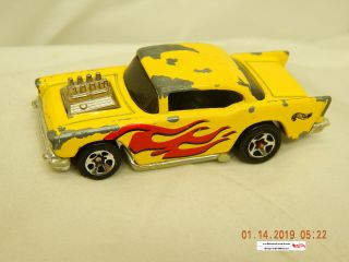 Hot Wheels - 57 Chevy - Vintage 1976 - Chipped Yellow W/flames - China - Distressed -