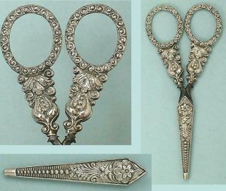 Ornate Antique Sheathed Sterling Silver Scissors English Circa 1840