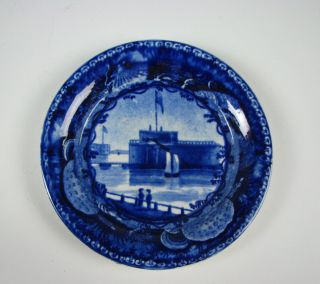 Antique American Historical Dark Blue Cup Plate Castle Garden Battery Shell Brdr