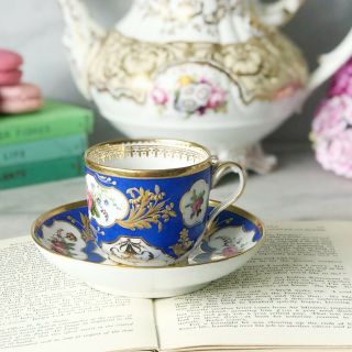 Antique French Cup And Saucer Duo,  Poss Sevres Or Paris Porcelain,  Blue And Gilt
