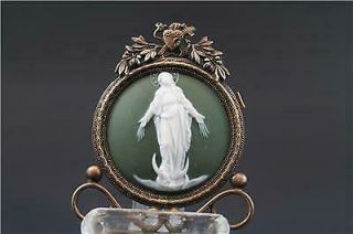 Antique French Holy Water Font Green Jasperware Cameo Plaque W/ St.  Mary