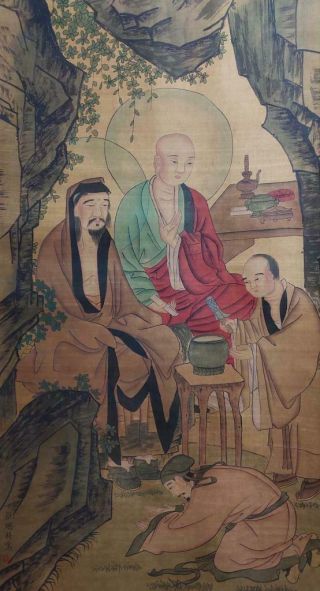 Chinese Old Ding Guanpeng Scroll Buddha Painting 82.  68”