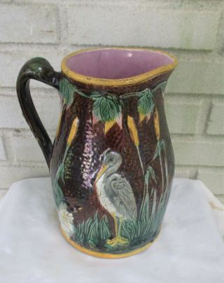 Gorgeous Antique Majolica Pitcher Stork Birds In Bullrushes Large 9 & 3/4 In.