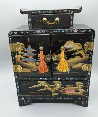 Antique Vintage Japanese Black Gold Lacquered Jewelry 5 Lined Drawers Wood Box