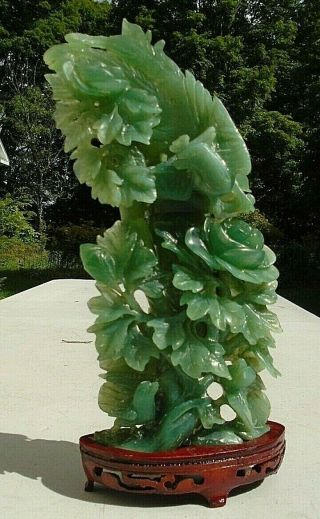 Fine Chinese Natural Carved Green Jade Bamboo Tree With Exotic Bird Sculpture