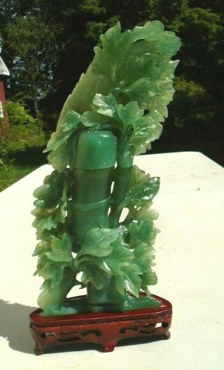 fine Chinese natural carved green jade bamboo tree with exotic bird sculpture 2