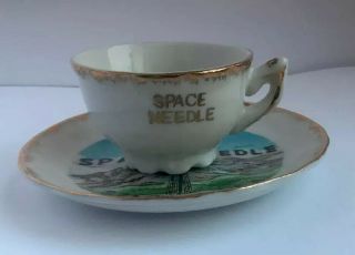 Vintage Seattle Space Needle Miniature Tea Cup And Saucer Set Souvenir Gold Rim