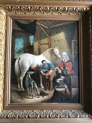 Antique 19th Century Oil Painting Ferrier Blacksmith Stable Horse Signed Hawley