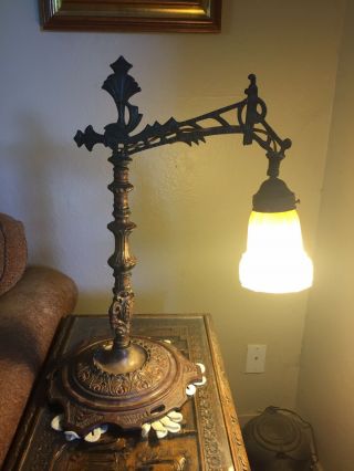 Antique Art Nouveau Art Deco Bridge Arm Table Lamp W/reverse Painted Glass Shade