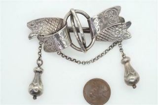 Antique Victorian English Sterling Silver Ornate Bow Patent Brooch C1850